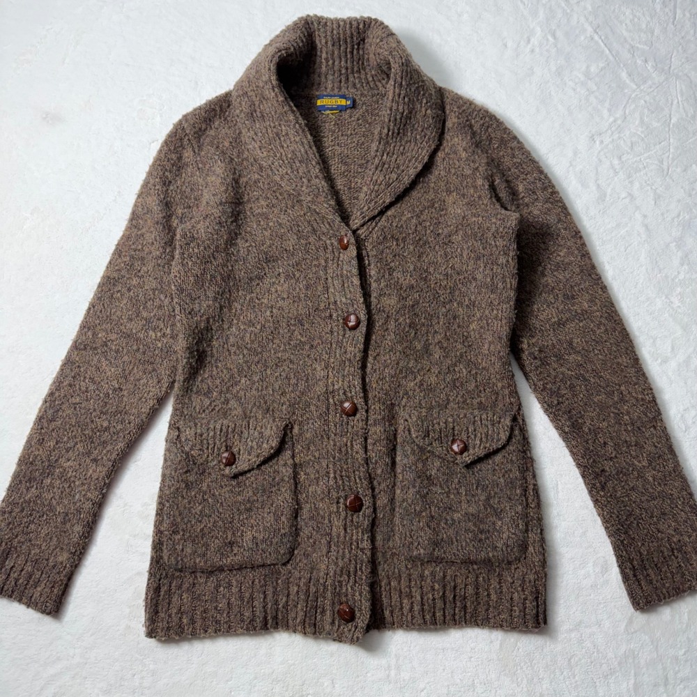 Vintage Rugby Ralph Lauren Sweater Women M Brown Wool Shawl Cardigan Elbow Patch